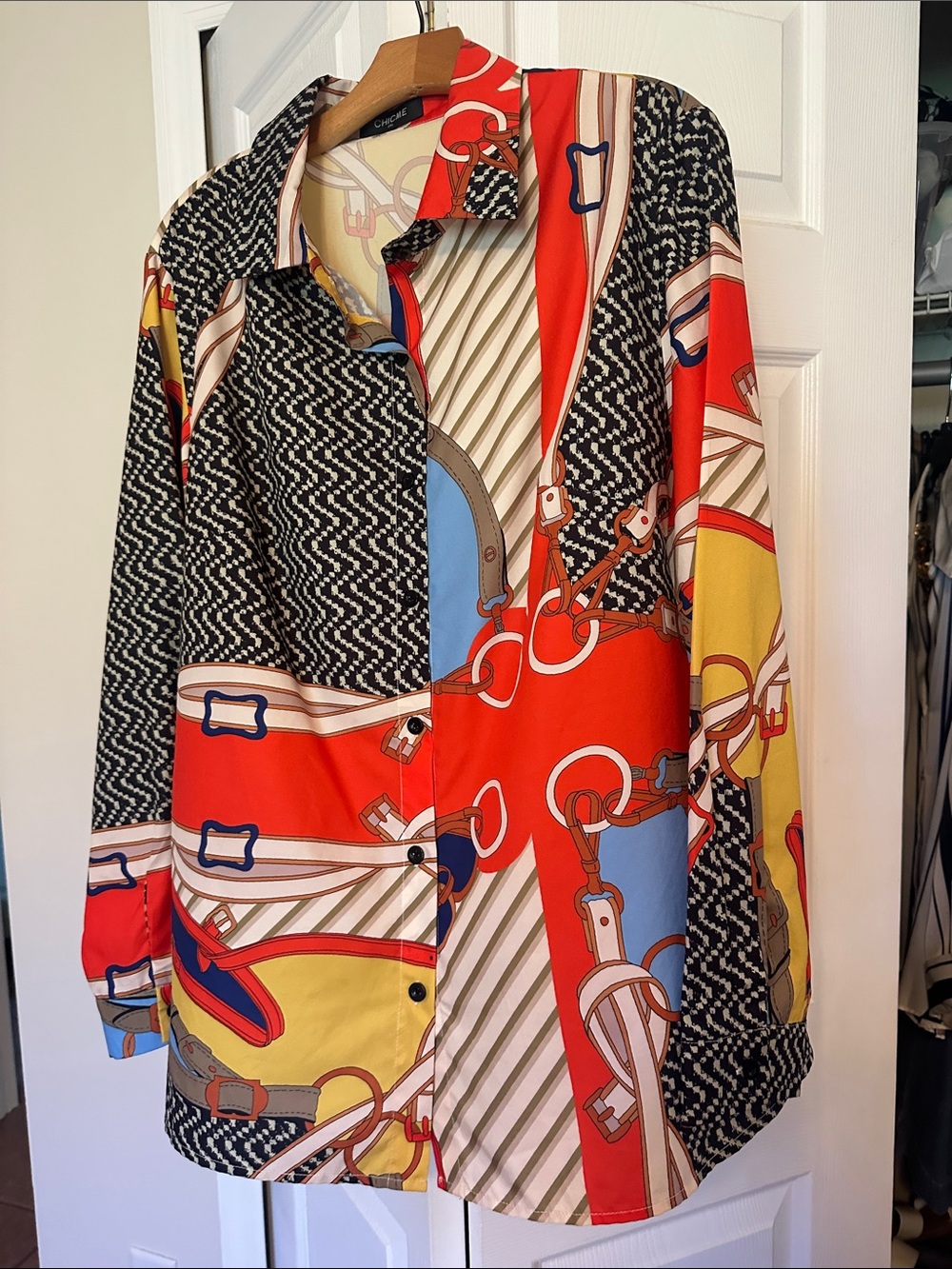 CHICME Button-Front Multicolor Equestrian-Print Blouse